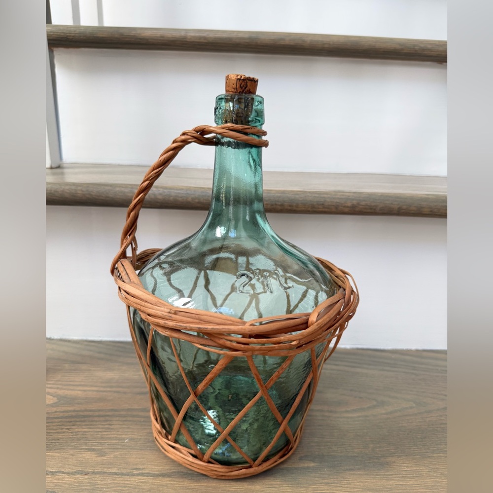 Vintage French Demijohn Green Glass Carboy in Wicker Basket